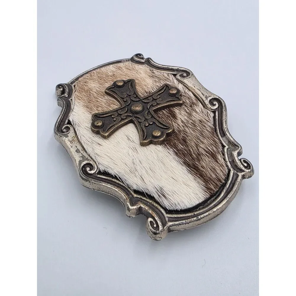 Western Belt Buckle Cow Hide Tan and White 2.5